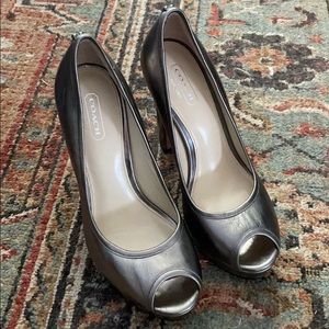 COACH silver metallic peep toe platforms